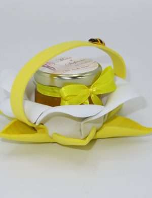 Marturii dulci cu miere, model handmade Bondarel – galben, borcan 30 gr – DSBC194