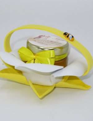 Marturii dulci cu miere, model handmade Bondarel – galben, borcan 30 gr – DSBC194