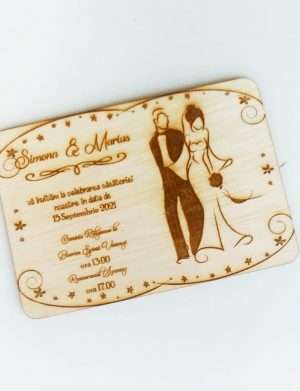 Invitatie nunta din lemn, gravata laser, 10×15 cm, OMIS168