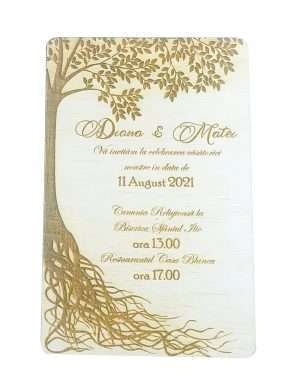 Invitatie nunta din lemn, gravata laser, 10×15 cm, OMIS165