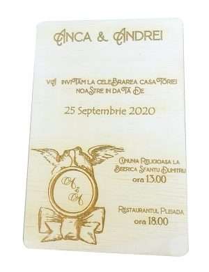 Invitatie nunta din lemn, gravata laser, 10×15 cm, OMIS164