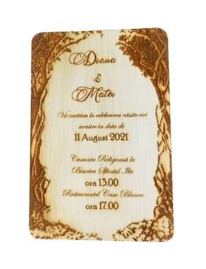 Invitatie nunta din lemn, gravata laser, 10×15 cm, OMIS169