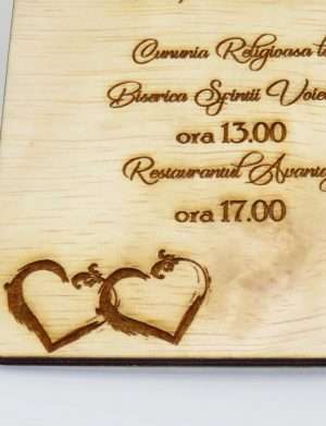 Invitatie nunta din lemn, gravata laser, 10×15 cm, OMIS163