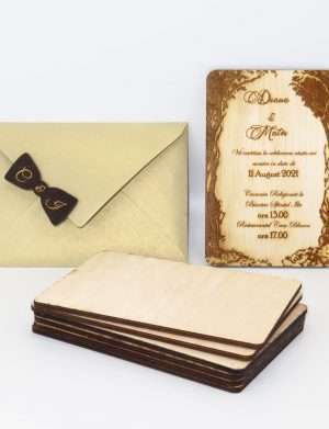 Invitatie nunta din lemn, gravata laser, 10×15 cm, OMIS169