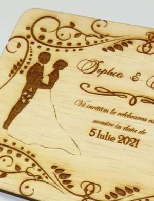 Invitatie nunta din lemn, gravata laser, 10×15 cm, (mostra) SOMIS167