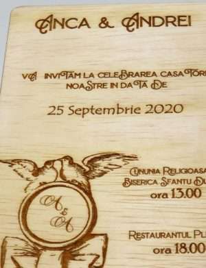 Invitatie nunta din lemn, gravata laser, 10×15 cm, OMIS164