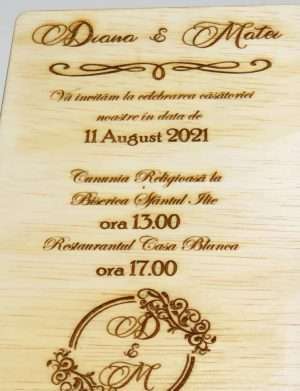 Invitatie nunta din lemn, gravata laser, 10×15 cm, (mostra), SOMIS162