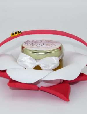 Marturii dulci cu miere, model handmade Bondarel – rosu alb, borcan 30 gr – DSBC1914