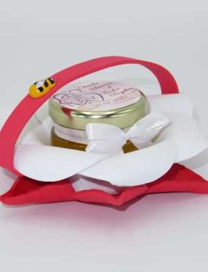 Marturii dulci cu miere, model handmade Bondarel – rosu alb, borcan 30 gr – DSBC1914