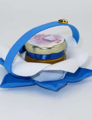 Marturii dulci cu miere, model handmade Bondarel – albastru, borcan 30 gr – DSBC196