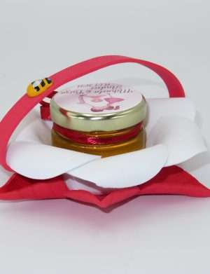 Marturii dulci cu miere, model handmade Bondarel – rosu, borcan 30 gr – DSBC197