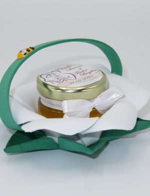 Marturii dulci cu miere, model handmade Bondarel – verde alb, borcan 30 gr – DSBC1910