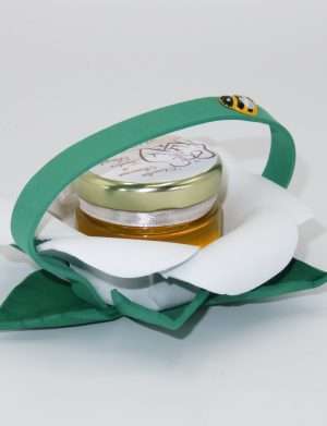 Marturii dulci cu miere, model handmade Bondarel – verde alb, borcan 30 gr – DSBC1910