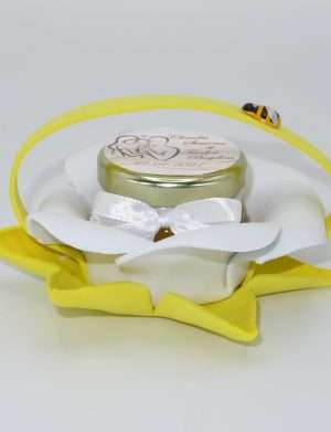 Marturii dulci cu miere, model handmade Bondarel – galben alb, borcan 30 gr – DSBC1912