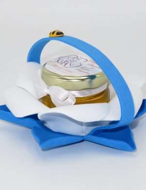 Marturii dulci cu miere, model handmade Bondarel  albastru alb, borcan 30 gr – DSBC1913