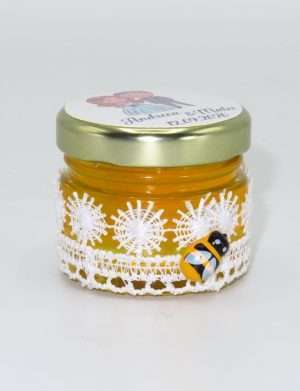 Marturii dulci cu miere, model handmade Dorinta – alb, borcan 30 gr – DSBC1638