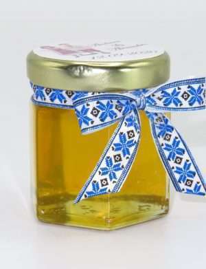 Marturii dulci cu miere, model handmade Voie buna – traditional albastru, borcan 50 gr – DSBC1645
