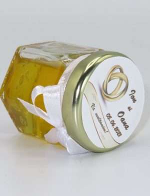Marturii dulci cu miere, model handmade Iubire – alb, borcan 50 gr – DSBC1646