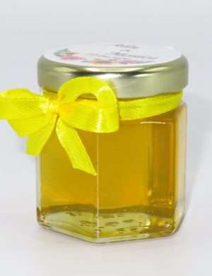 Marturii dulci cu miere, model handmade Iubire – galben, borcan 50 gr – DSBC1654