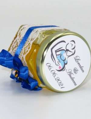 Marturii dulci cu miere, model handmade Rafinament – albastru, borcan 50 gr – DSBC1655