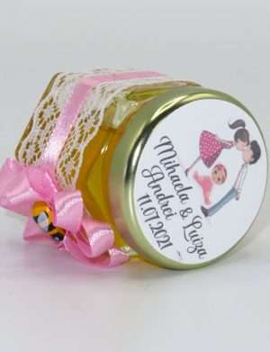 Marturii dulci cu miere, model handmade Rafinament – roz, borcan 50 gr – DSBC1667