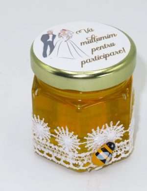 Marturii dulci cu miere, model handmade Dorinta – alb, borcan 50 gr – SDSBC1625