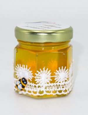 Marturii dulci cu miere, model handmade Dorinta – alb, borcan 50 gr – SDSBC1625