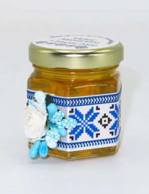 Marturii dulci cu miere, model handmade Traditional – albastru, borcan 50 gr – DSBC1611