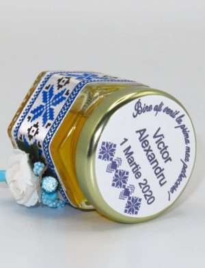 Marturii dulci cu miere, model handmade Traditional – albastru, borcan 50 gr – DSBC1611