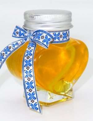 Marturii dulci cu miere, model handmade Voie buna – traditional albastru, borcan 90 gr – DSBC1615