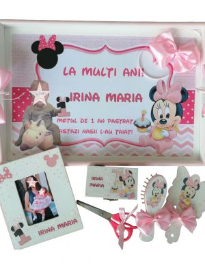 Set mot Baby Minnie Mouse, 7 piese, personalizat, din lemn, cu fundite roz, ornamente multicolore DSPH012