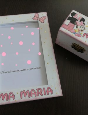 Set mot Baby Minnie Mouse, 7 piese, personalizat, din lemn, cu fundite roz, ornamente roz DSPH016