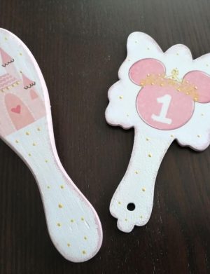 Set mot Baby Minnie Mouse, 7 piese, personalizat, din lemn, cu fundite roz, ornamente roz DSPH016