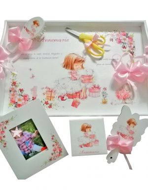 Set mot Fetita, 7 piese, personalizat, din lemn, cu fundite roz, ornamente multicolore DSPH009