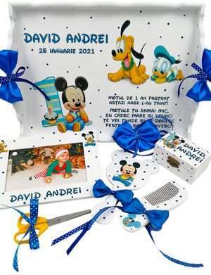 Set Tavita Mot (turta), Baby Mickey si Pluto, aniversare 1 an, 7 piese, personalizat, DSPH1634