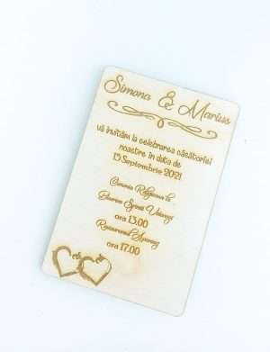 Invitatie nunta din lemn, gravata laser, 10×15 cm, (mostra) SOMIS163